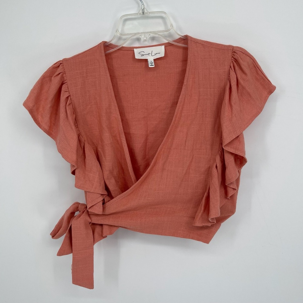 Sweet Lemon Women's Coral Linen Blend Ruffle Festival Boho‎ Wrap Crop Top Size L